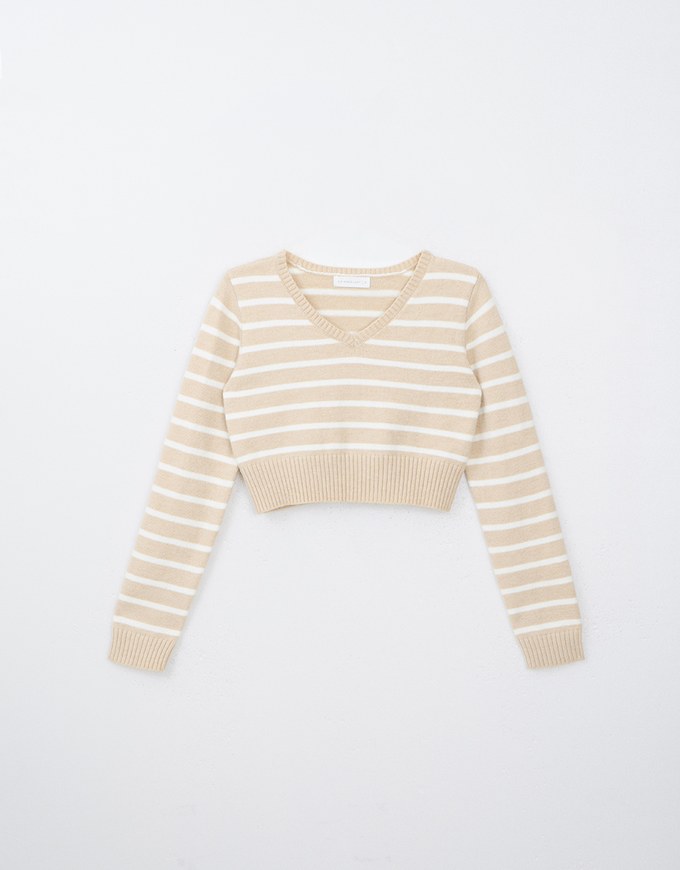 V Neck Striped Long Sleeve Knit Top