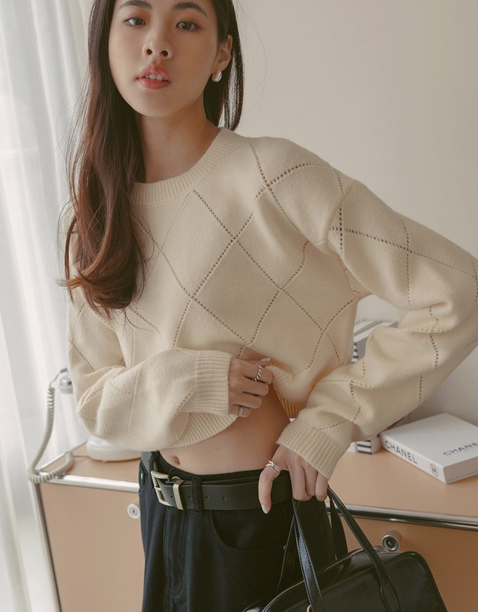 Solid Color Argyle Knit Sweater