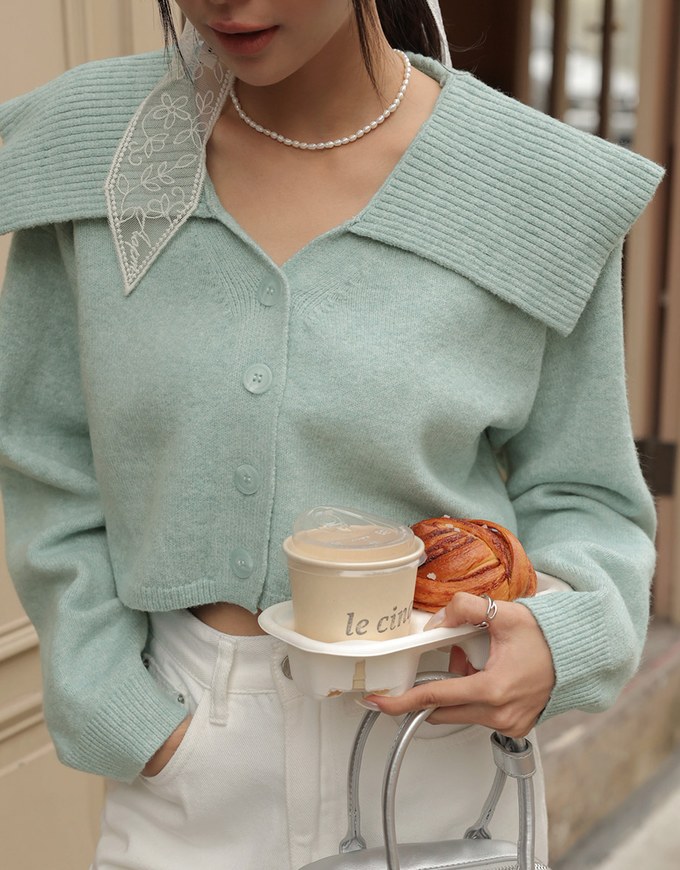 Sailor Wide Collar Button Up Long Sleeve Knit Top