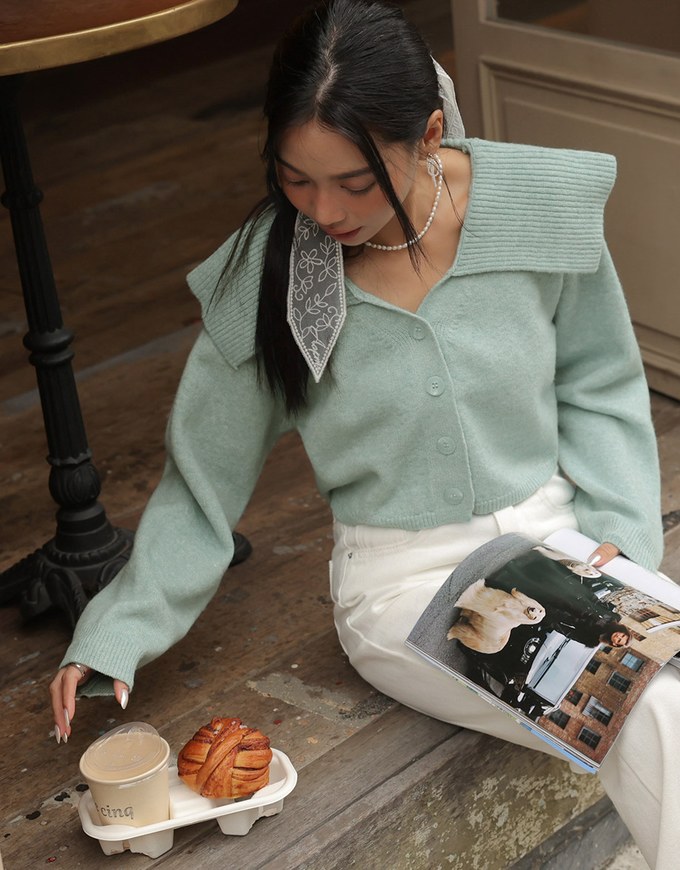 Sailor Wide Collar Button Up Long Sleeve Knit Top