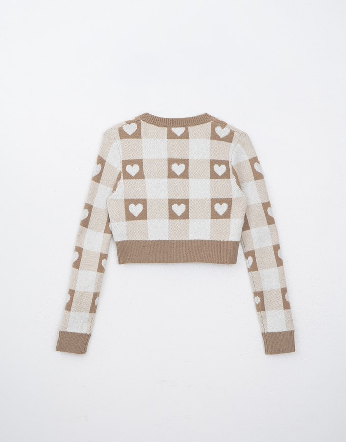 Heart Shape Checkered Button Front Knit Top