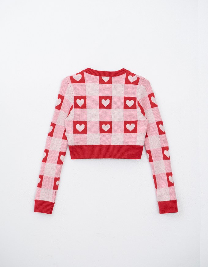 Heart Shape Checkered Button Front Knit Top