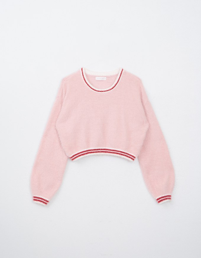 Long Sleeve Mohair Edge Trimmed Cropped Sweater