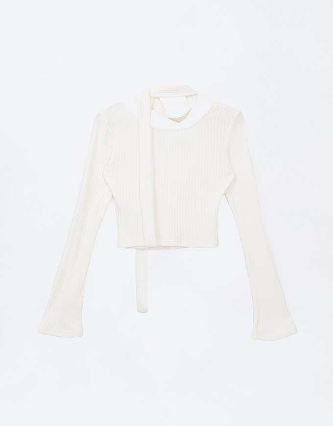 Asymmetric Bell Sleeve Knit Top (with Scarf)