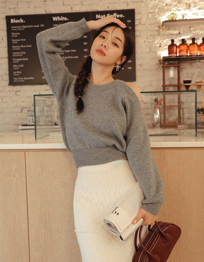 Solid Color One Shoulder Cut Out Knit Sweater Top