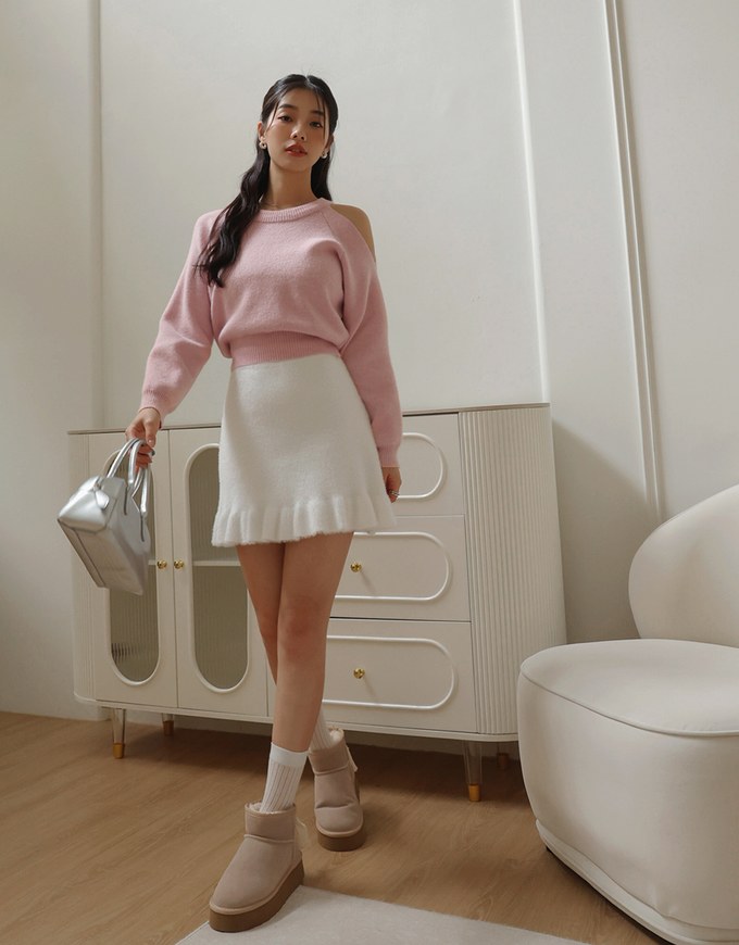 Solid Color One Shoulder Cut Out Knit Sweater Top