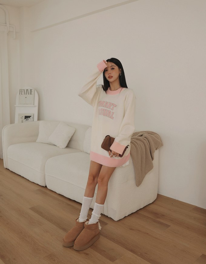 Oversized Letter Printed Colorblock Knit Sweatshirt