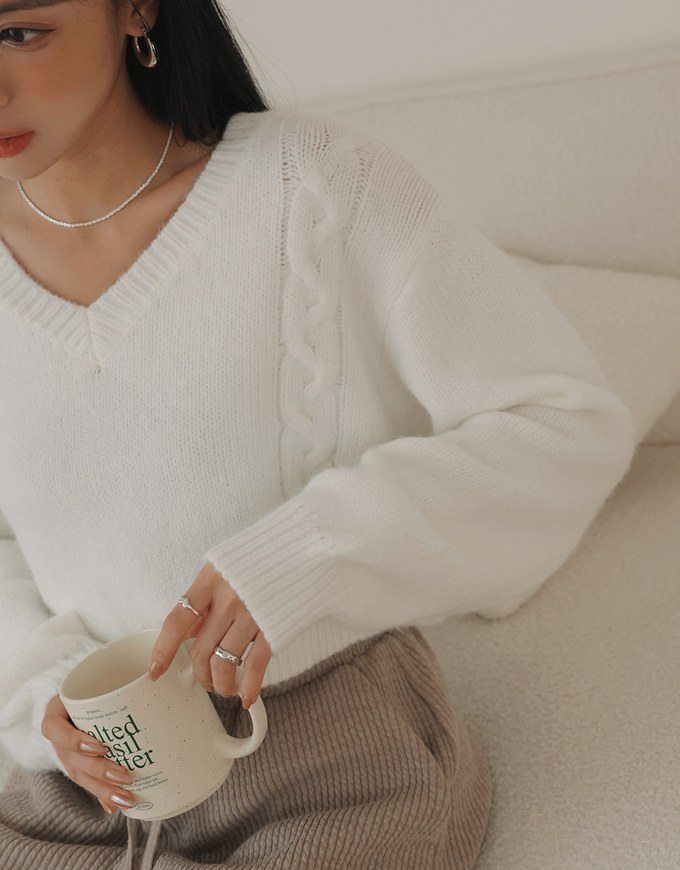 Long Sleeve V Neck Cable Knit Sweater