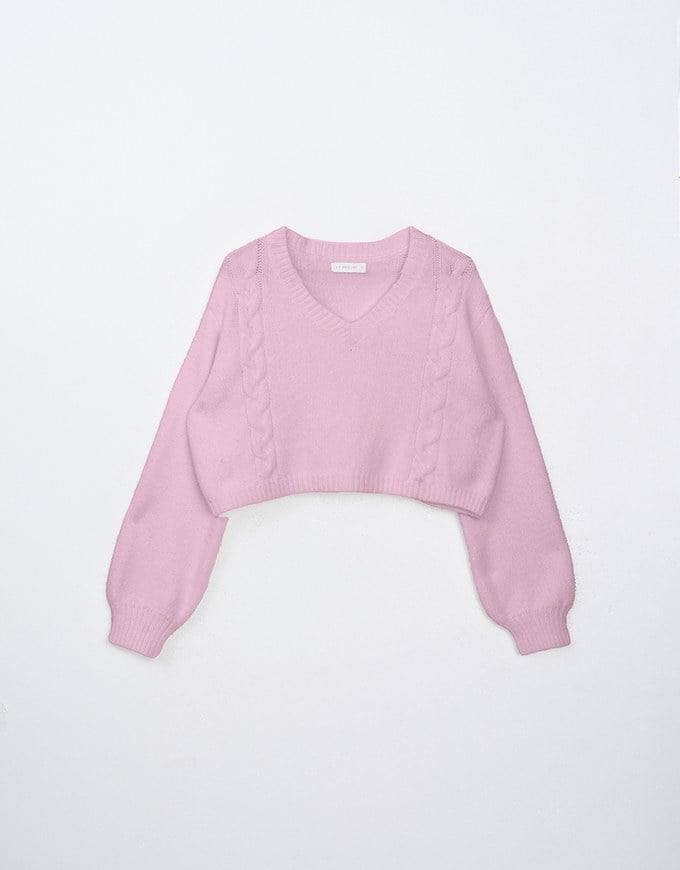 Long Sleeve V Neck Cable Knit Sweater