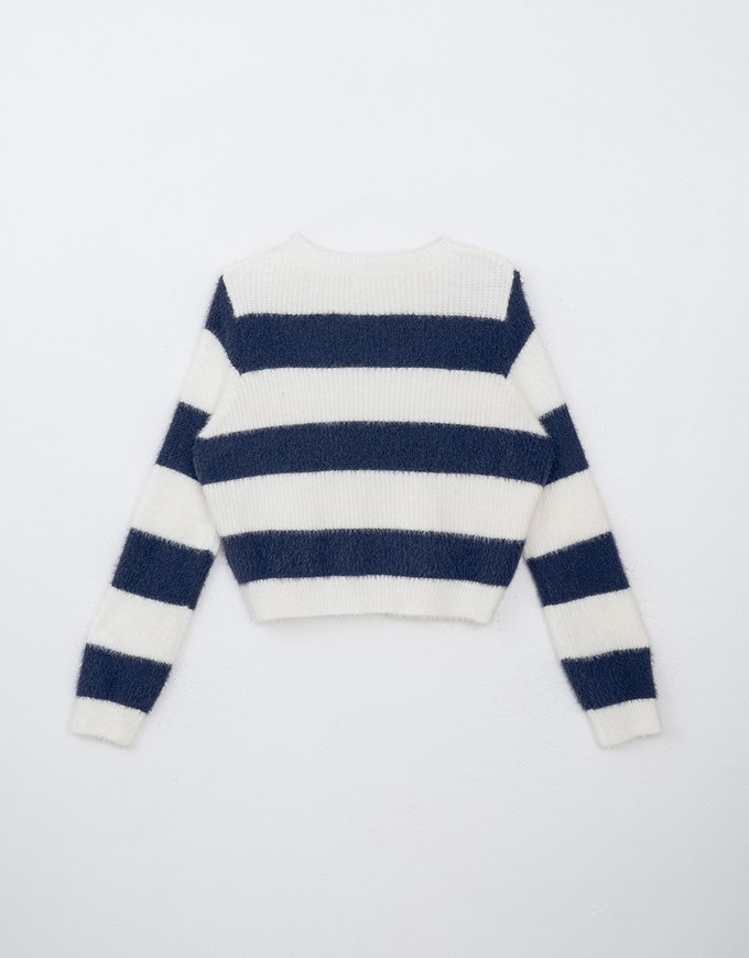 Fluffy Crew Neck Button Up Striped Knitted Top