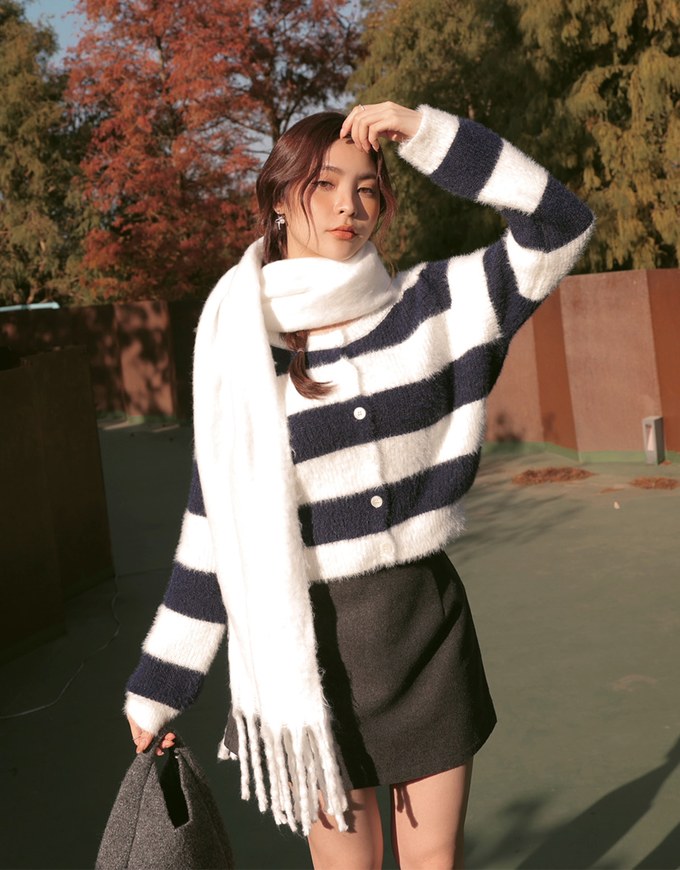 Fluffy Crew Neck Button Up Striped Knitted Top