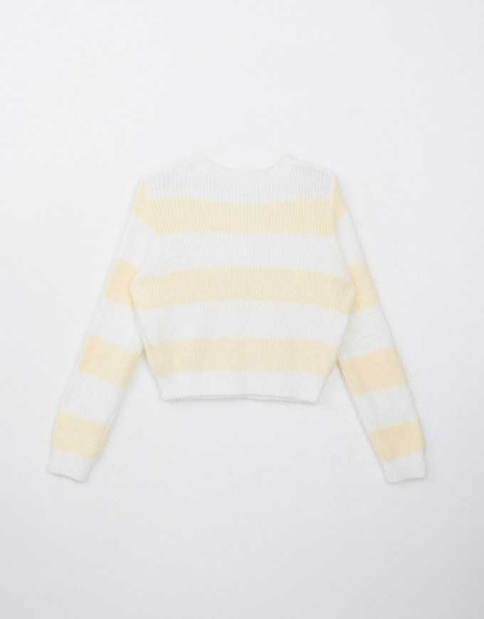 Fluffy Crew Neck Button Up Striped Knitted Top