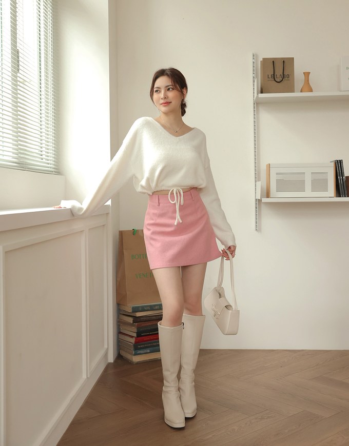 Long Sleeve V Neck Drawstring Knitted Top