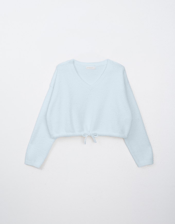 Long Sleeve V Neck Drawstring Knitted Top