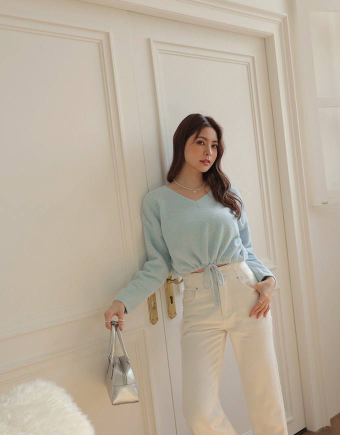 Long Sleeve V Neck Drawstring Knitted Top