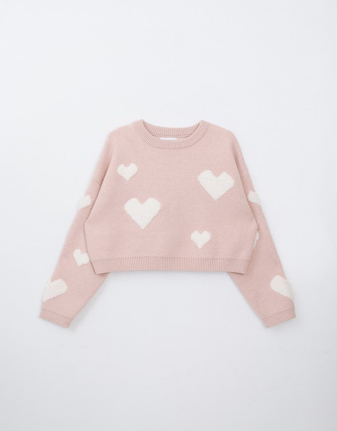 Crew Neck Heart Embossed Knitted Sweater