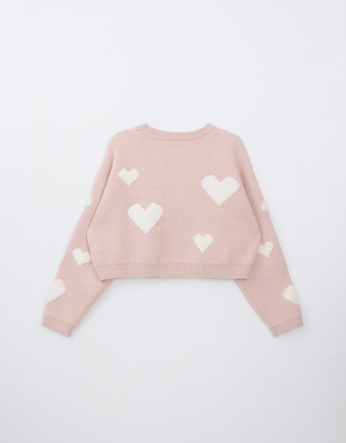 Crew Neck Heart Embossed Knitted Sweater