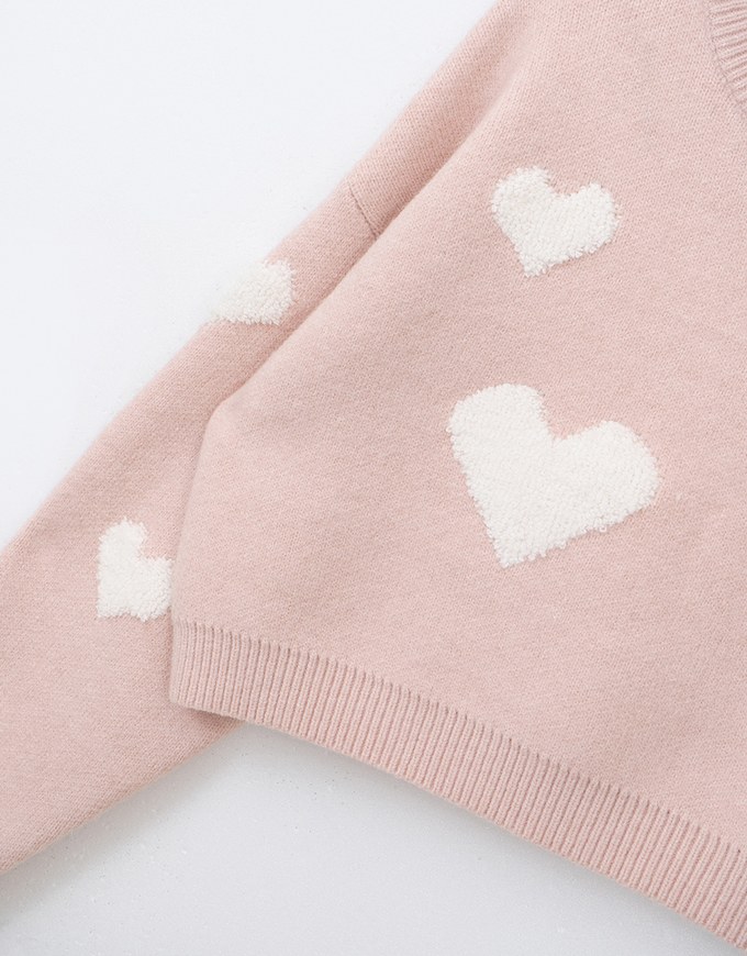 Crew Neck Heart Embossed Knitted Sweater