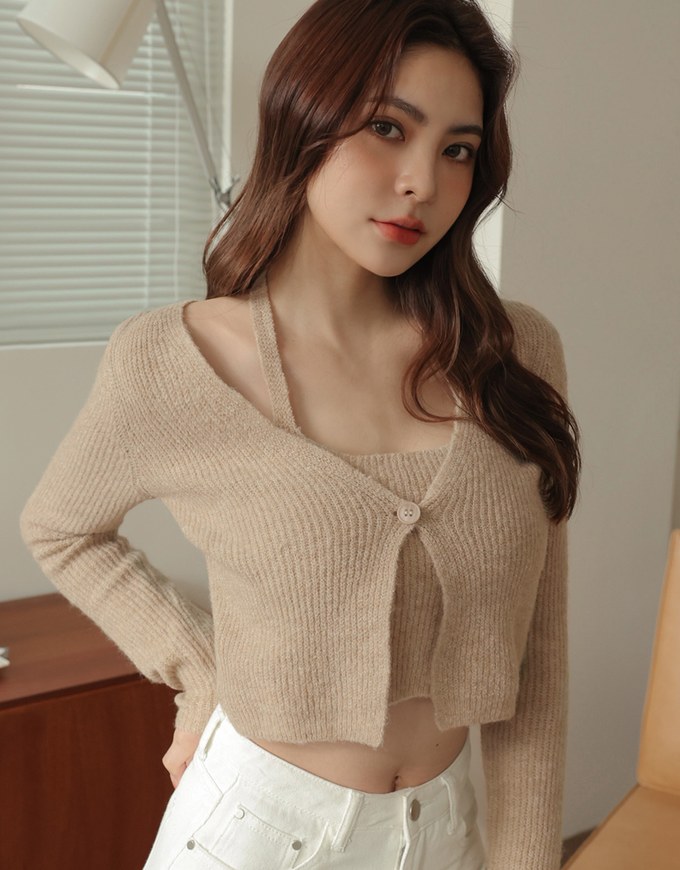 Faux 2 Piece Halter Neck Long Sleeve Knitted Top