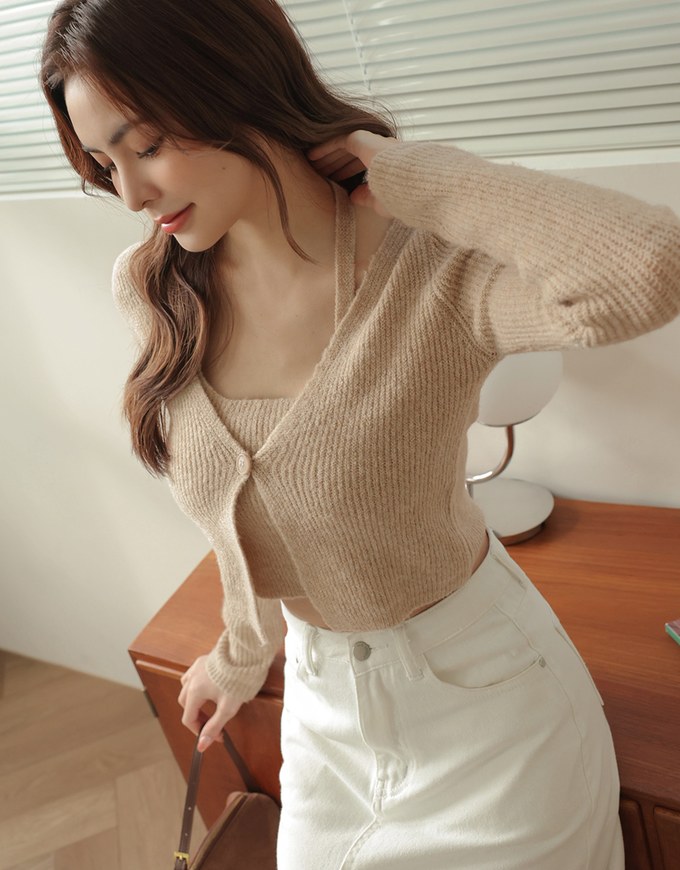 Faux 2 Piece Halter Neck Long Sleeve Knitted Top