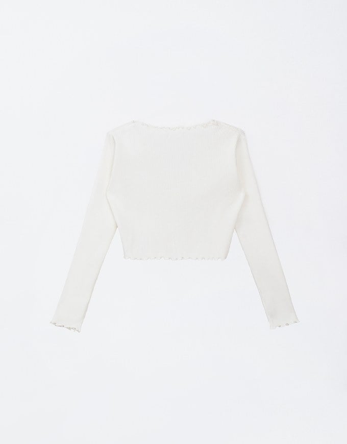 Pearl Button Ruffle Trim Heavyweight Knitted Top