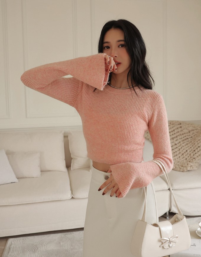 Solid Color Crew Neck Flared Sleeve Knitted Top