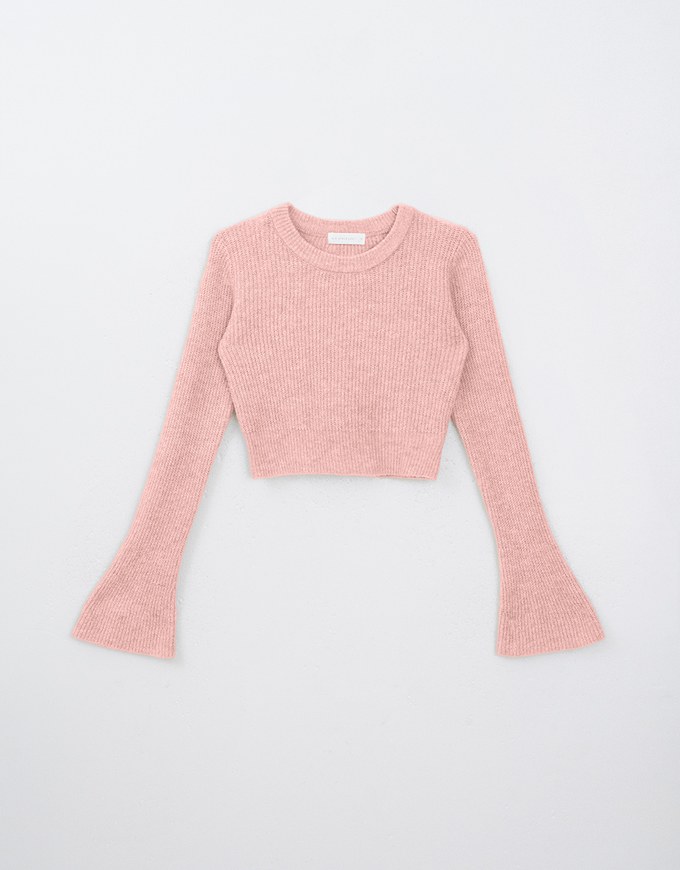 Solid Color Crew Neck Flared Sleeve Knitted Top