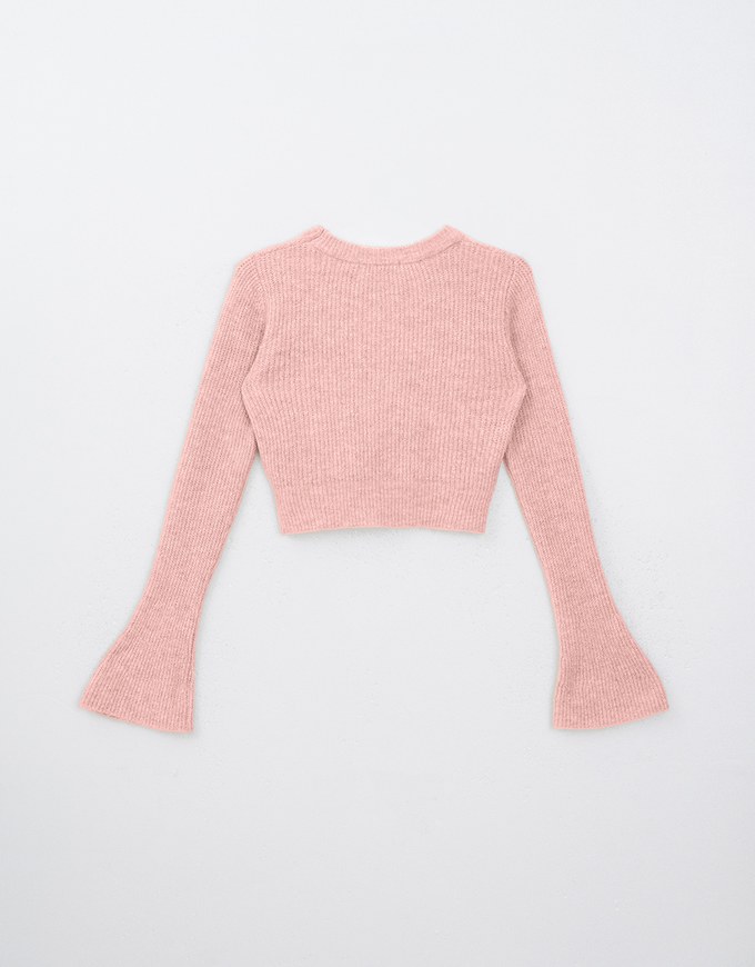 Solid Color Crew Neck Flared Sleeve Knitted Top