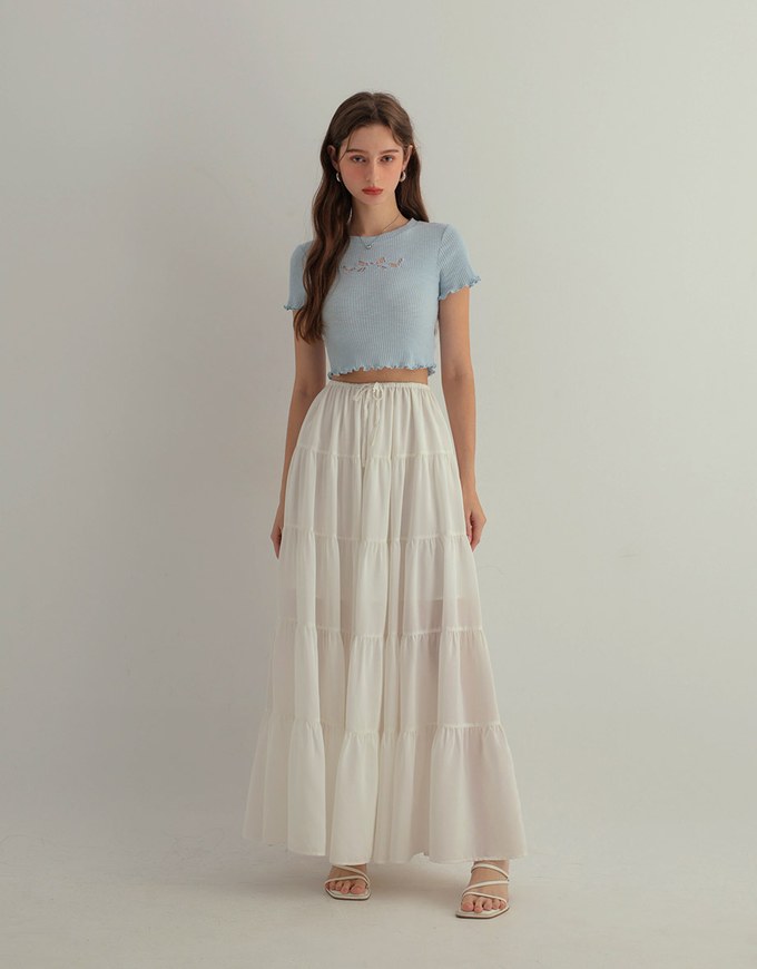 Sheer Lace Bow Embellished Ruffle Hem Cropped Top