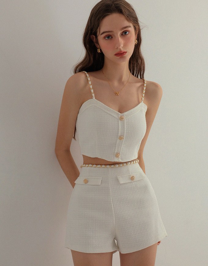 Tweed Button Knitted Crop Cami Top With Gold Chain Details