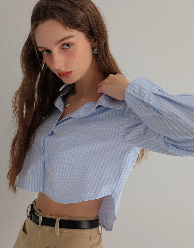 Basic Striped Long Sleeve Cropped Button Up Blouse