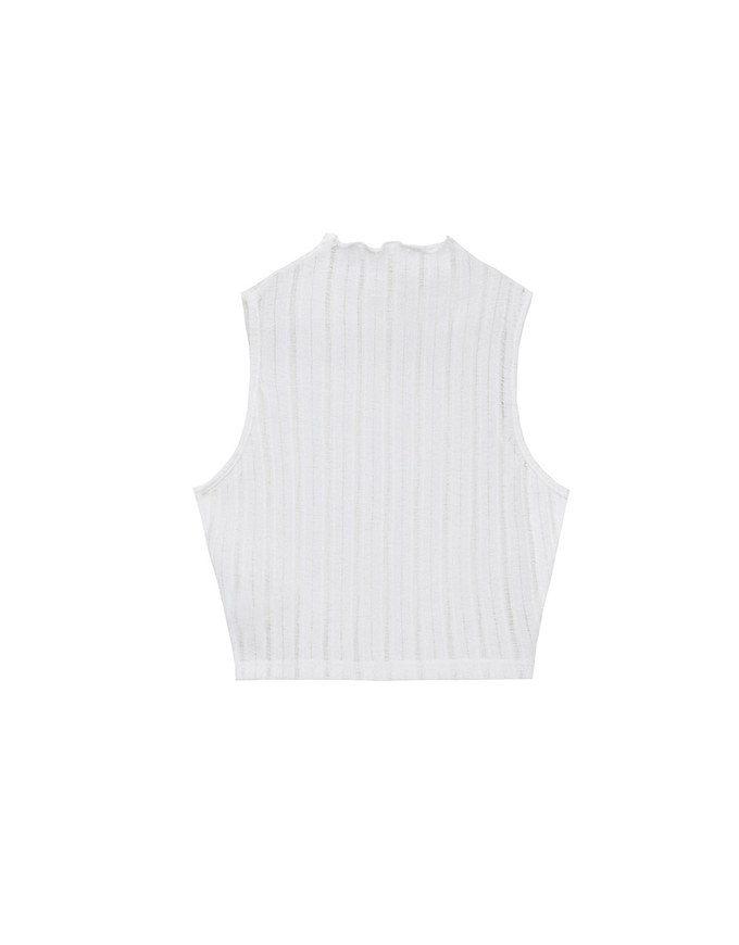 Sheer Half Turtleneck Sleeveless Striped Knit Tank Top