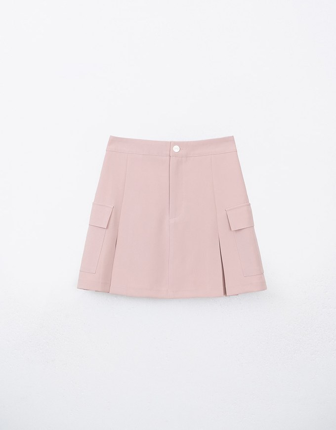 Solid A Line Pleated Mini Skirt With Pockets Details