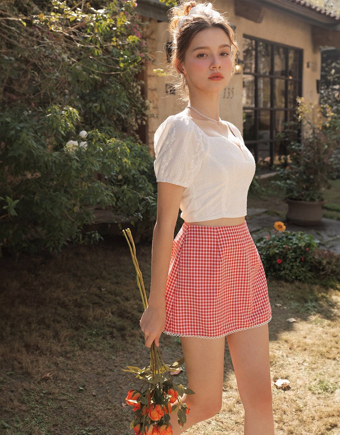 Classic Checkered Lace Hem Mini Skirt