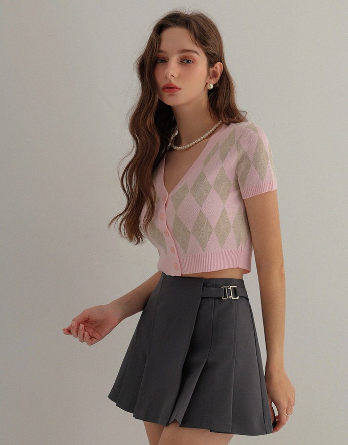 Short Pleated Mini Skirt With Gold Buckle Detail