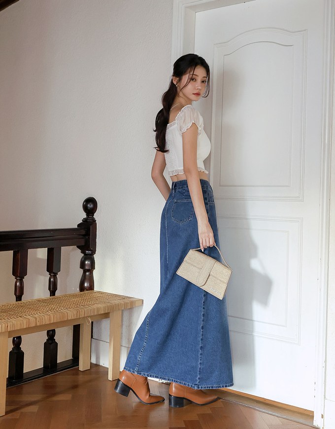 【Den!m LITE】Lightweight Soft Denim Slit Maxi Skirt