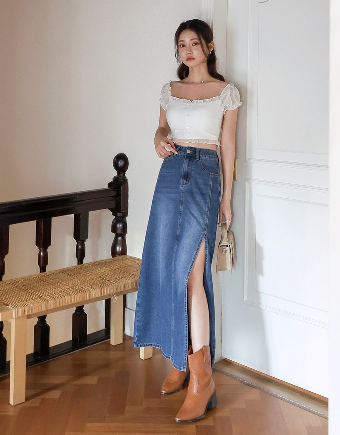 【Den!m LITE】Lightweight Soft Denim Slit Maxi Skirt