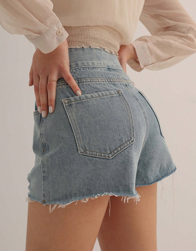 Distressed Frayed Hem Jeans Denim Shorts With Pockets