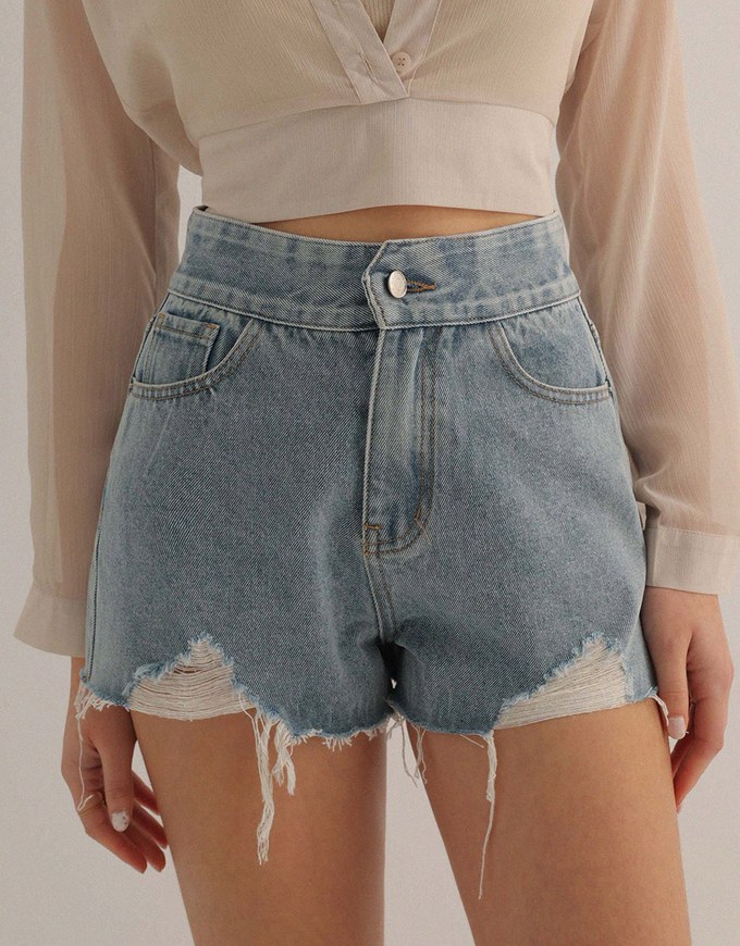 Distressed Frayed Hem Jeans Denim Shorts With Pockets