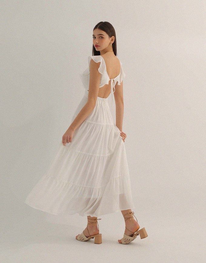 Layered Ruffle Back Cut Out Tiered Padded Maxi Dress