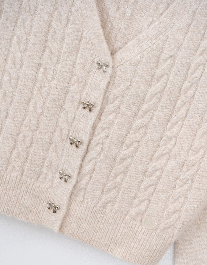 Bow-Knot Buttoned Cable Knit Cardigan