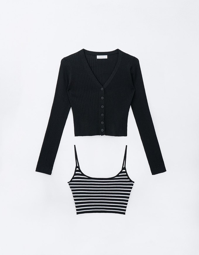 Buttoned Ribbed Cardigan with Striped Cami Top Set Wear