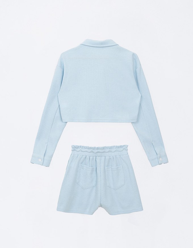 Casual Button Up Textured Cropped Blouse and Elastic Shorts Set Wear