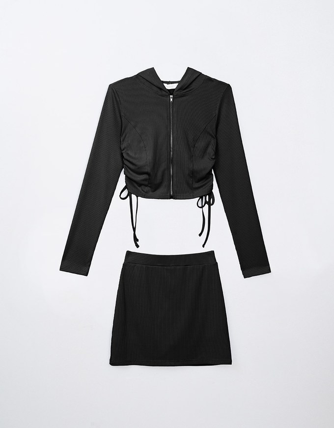 SET WEAR with Hooded Jacket Top and Mini Skirt Set with Draw Strings ( With Elastic Waist and Under Shorts Skort )