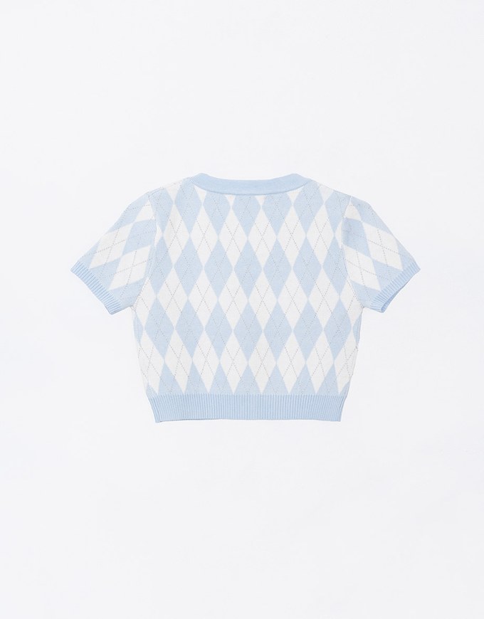 V Neck Argyle Printed Cropped Knit Top