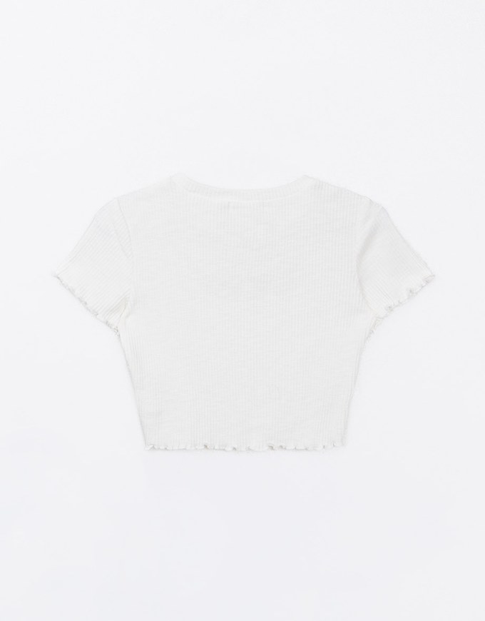 Sheer Lace Bow Embellished Ruffle Hem Cropped Top