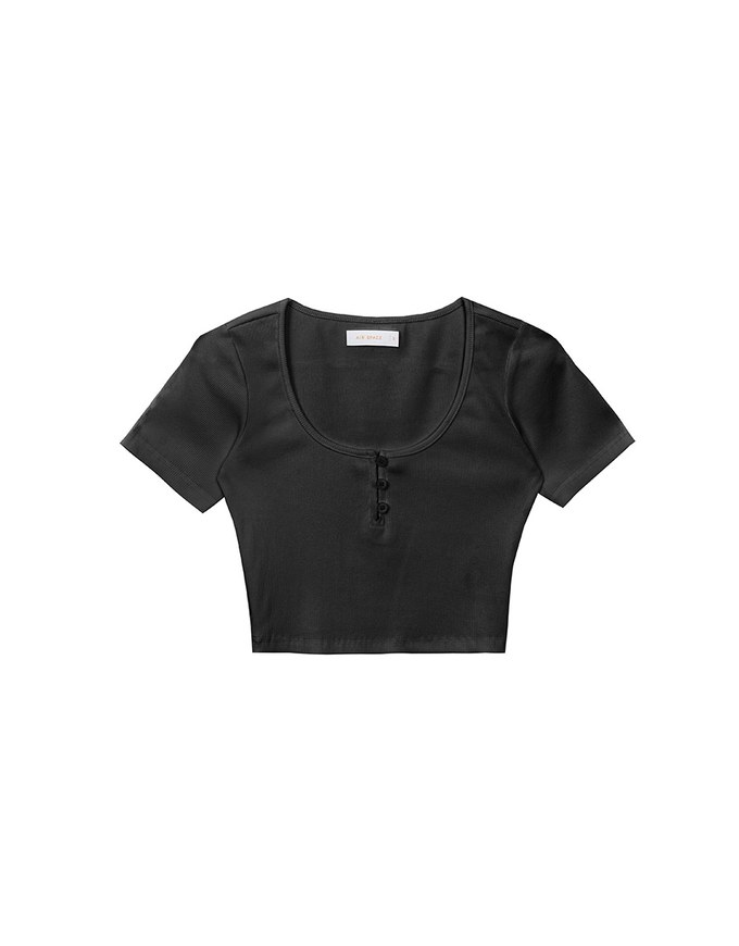 Slim Fit Button Up U Neck Ribbed Crop Top