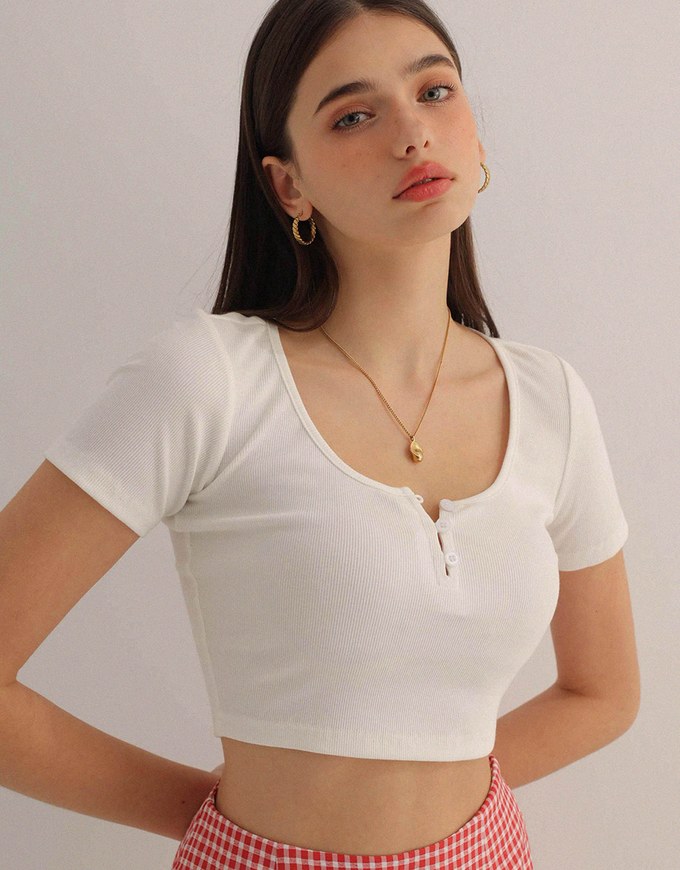 Slim Fit Button Up U Neck Ribbed Crop Top