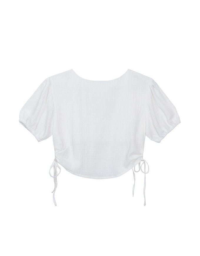 Crinkle Textured Drawstring Side Puff Sleeve Top