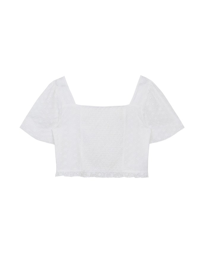 Lace Embroidered Shirred Detail Square Neck Crop Top